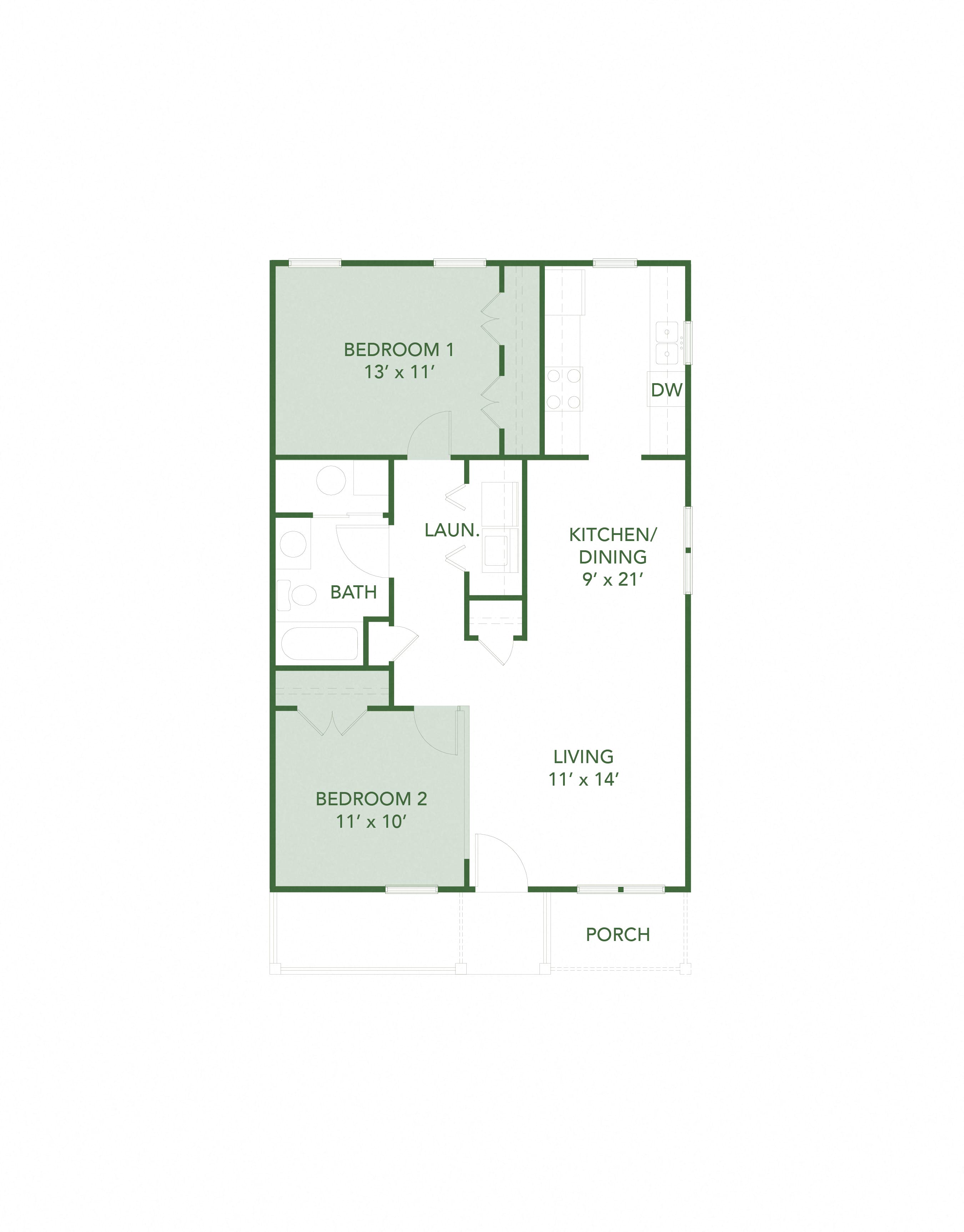 Floor plan for 2 beds, 1 bath, 864 sqft